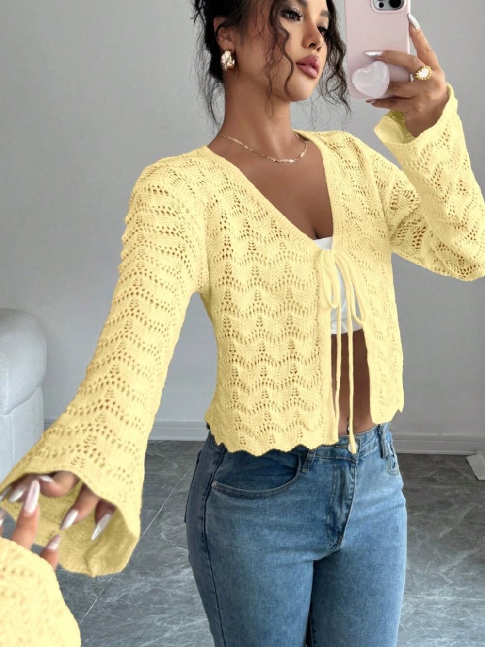 Yellow Casual Women's Elegant Flared Sleeve Tie-Front Hollow Out Cardigan